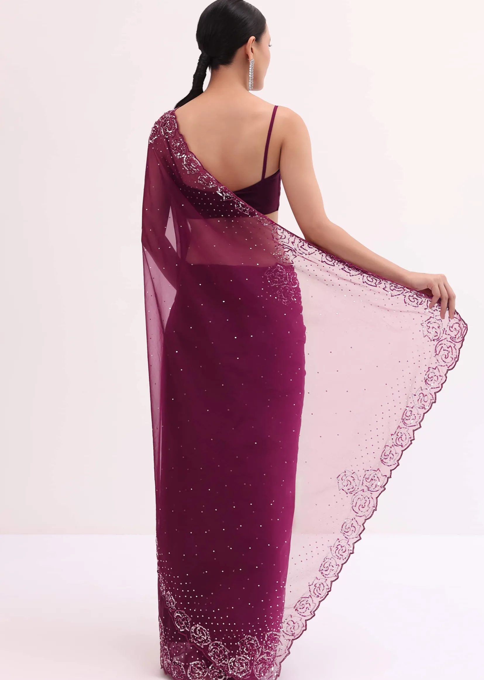 Magenta Organza Saree In Sequins With Unstitched Blouse