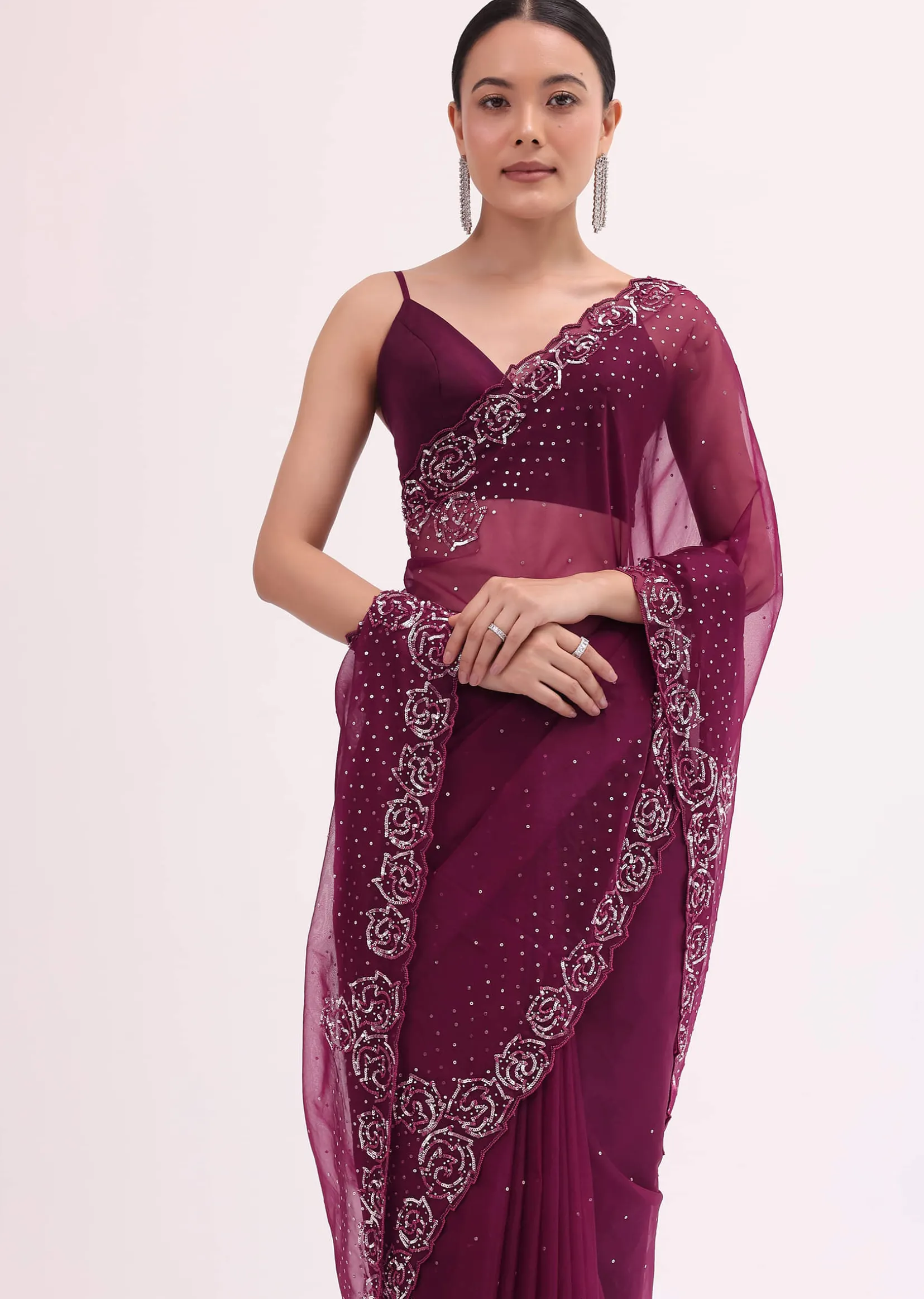 Magenta Organza Saree In Sequins With Unstitched Blouse