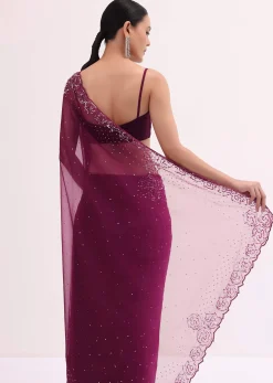 Magenta Organza Saree In Sequins With Unstitched Blouse