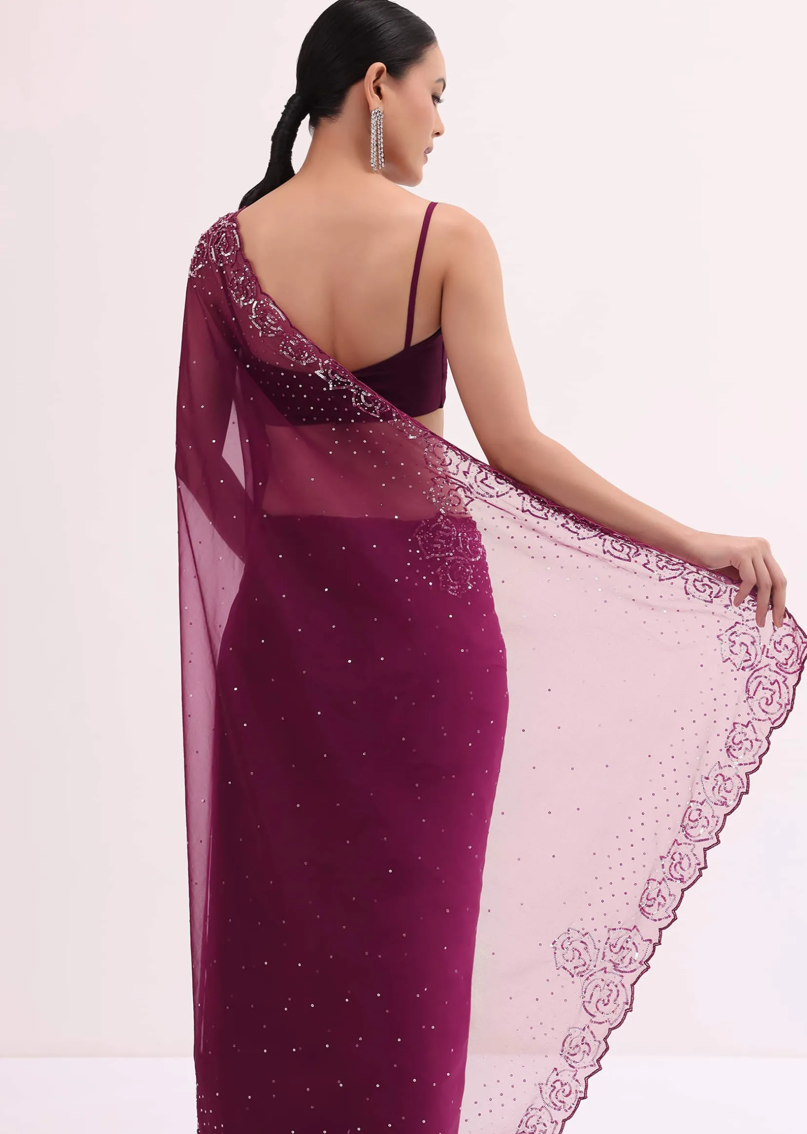 Magenta Organza Saree In Sequins With Unstitched Blouse