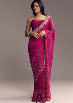 Magenta Organza Saree With Cut Dana And Sequin Embroidery