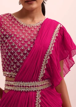 Magenta Pink Pre Drape Frill Saree With Belt And A Stitched Blouse