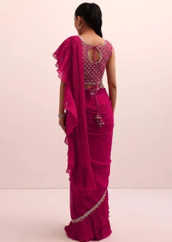 Magenta Pink Pre Drape Frill Saree With Belt And A Stitched Blouse
