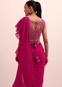Magenta Pink Pre Drape Frill Saree With Belt And A Stitched Blouse