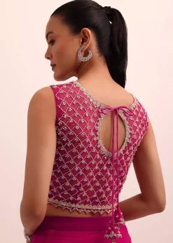 Magenta Pink Pre Drape Frill Saree With Belt And A Stitched Blouse