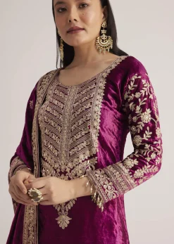 Magenta Pink Velvet Embroidered Palazzo Suit