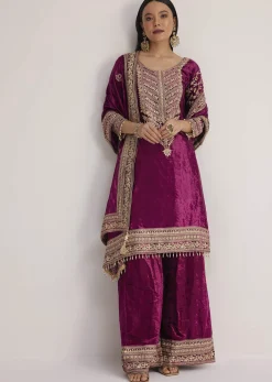Magenta Pink Velvet Embroidered Palazzo Suit