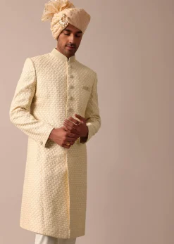 Magnificent Beige Silk Lucknowi Sherwani Set