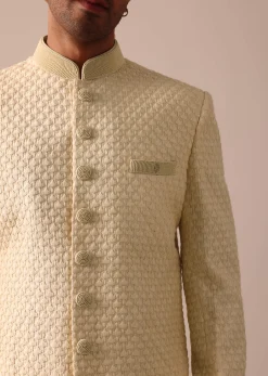 Magnificent Beige Silk Lucknowi Sherwani Set