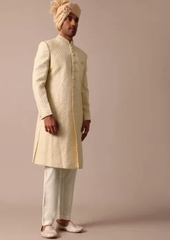 Magnificent Beige Silk Lucknowi Sherwani Set