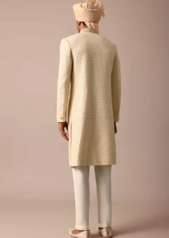 Magnificent Beige Silk Lucknowi Sherwani Set