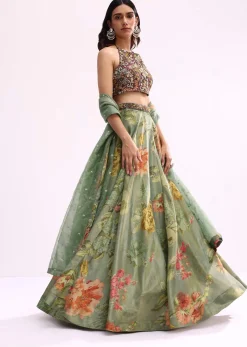 Maroon And Green Embroidered Tissue Lehenga Choli Set