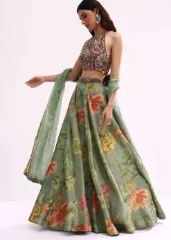 Maroon And Green Embroidered Tissue Lehenga Choli Set