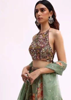 Maroon And Green Embroidered Tissue Lehenga Choli Set