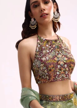Maroon And Green Embroidered Tissue Lehenga Choli Set