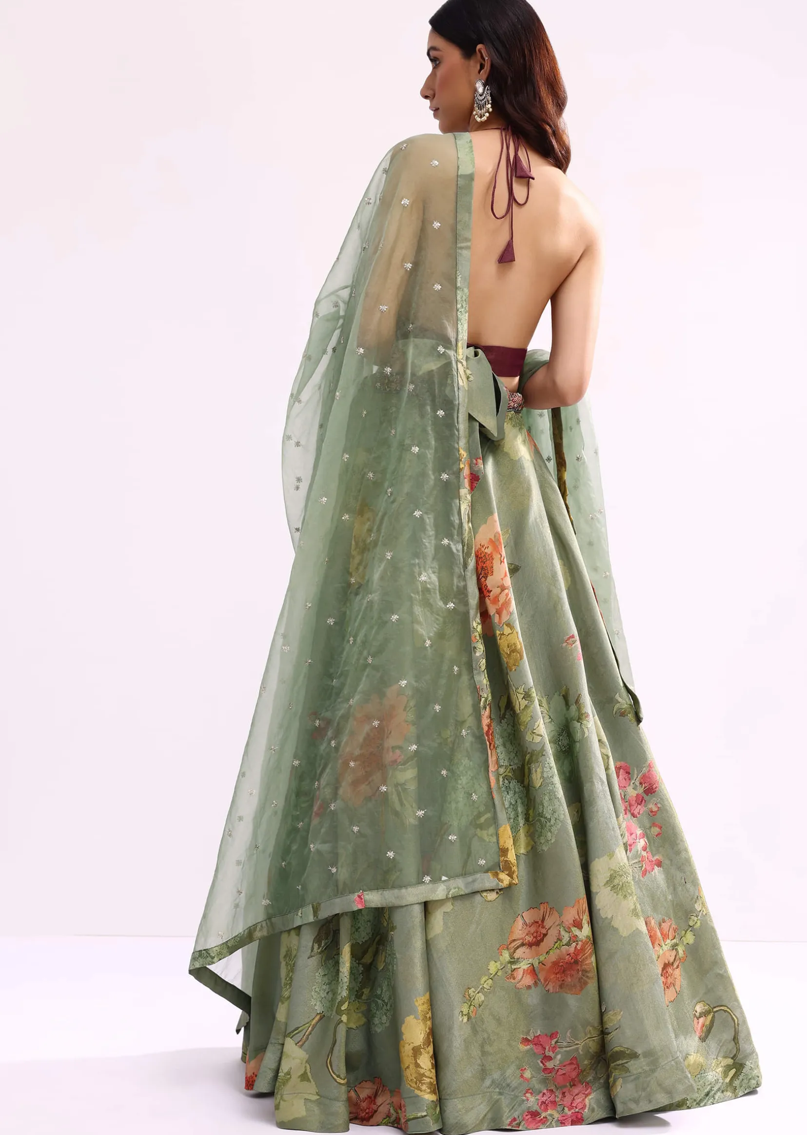 Maroon And Green Embroidered Tissue Lehenga Choli Set
