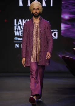 Maroon Banarasi Long Embroidered Sherwani With Two Kurta And Wide Leg Pant