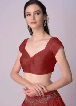 Maroon Blouse In Raw Silk With Sweet Heart Neckline