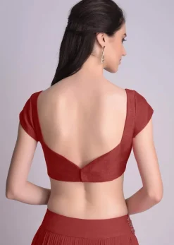 Maroon Blouse In Raw Silk With Sweet Heart Neckline