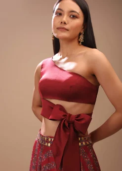 Maroon Blouse In Satin With One Shoulder Neckline And Tie Up Bow