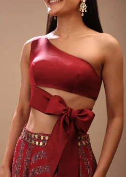 Maroon Blouse In Satin With One Shoulder Neckline And Tie Up Bow