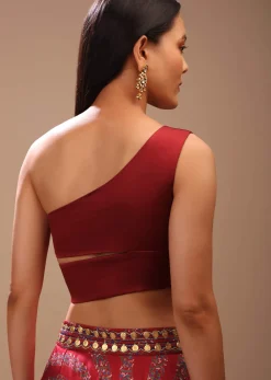 Maroon Blouse In Satin With One Shoulder Neckline And Tie Up Bow