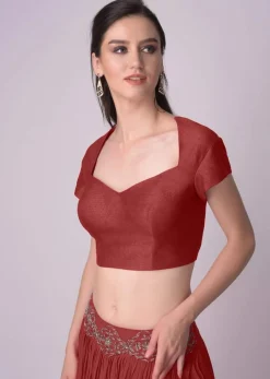 Maroon Blouse With Deep Sweet Heart Neck And Cap Sleeves
