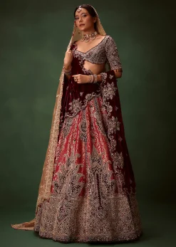 Maroon Brocade Lehenga Dupatta With Cross Body Blouse