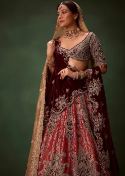 Maroon Brocade Lehenga Dupatta With Cross Body Blouse