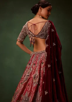 Maroon Brocade Lehenga Dupatta With Cross Body Blouse
