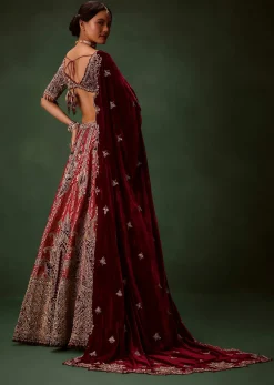 Maroon Brocade Lehenga Dupatta With Cross Body Blouse