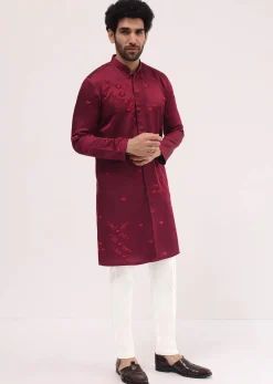Maroon Bud Embroidered Silk Kurta Set For Men