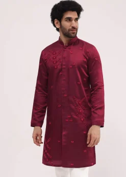 Maroon Bud Embroidered Silk Kurta Set For Men