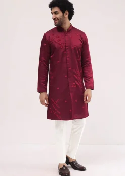 Maroon Bud Embroidered Silk Kurta Set For Men