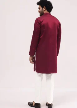 Maroon Bud Embroidered Silk Kurta Set For Men