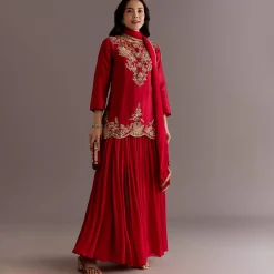 Maroon Chinon Sequin Gota Lace Kurta Skirt Set With Dupatta