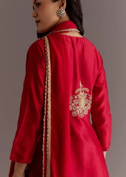 Maroon Chinon Sequin Gota Lace Kurta Skirt Set With Dupatta