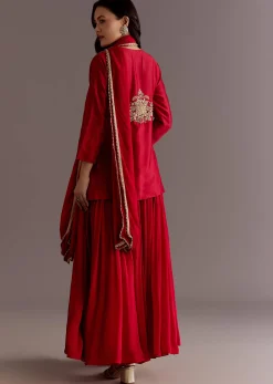 Maroon Chinon Sequin Gota Lace Kurta Skirt Set With Dupatta
