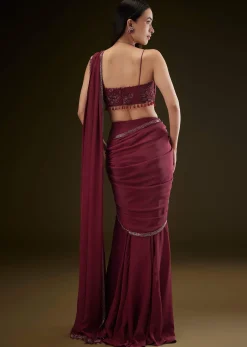 Maroon Corset Embroidered Blouse With Pre Stitched Draped Saree