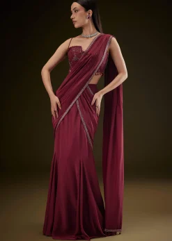 Maroon Corset Embroidered Blouse With Pre Stitched Draped Saree