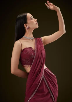 Maroon Corset Embroidered Blouse With Pre Stitched Draped Saree