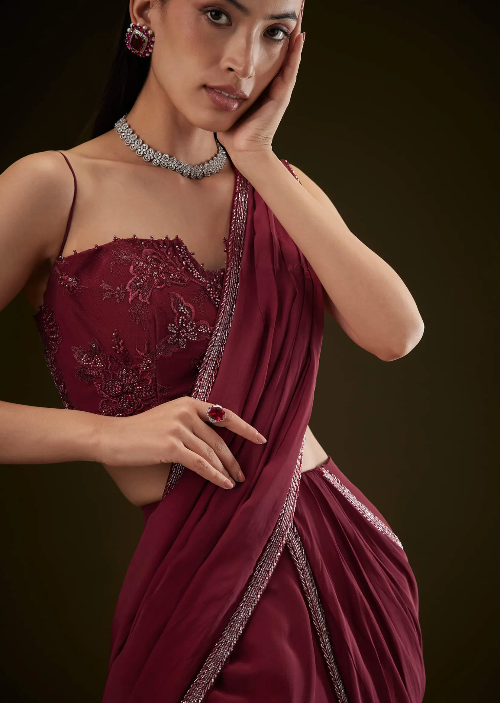 Maroon Corset Embroidered Blouse With Pre Stitched Draped Saree