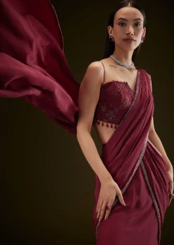 Maroon Corset Embroidered Blouse With Pre Stitched Draped Saree