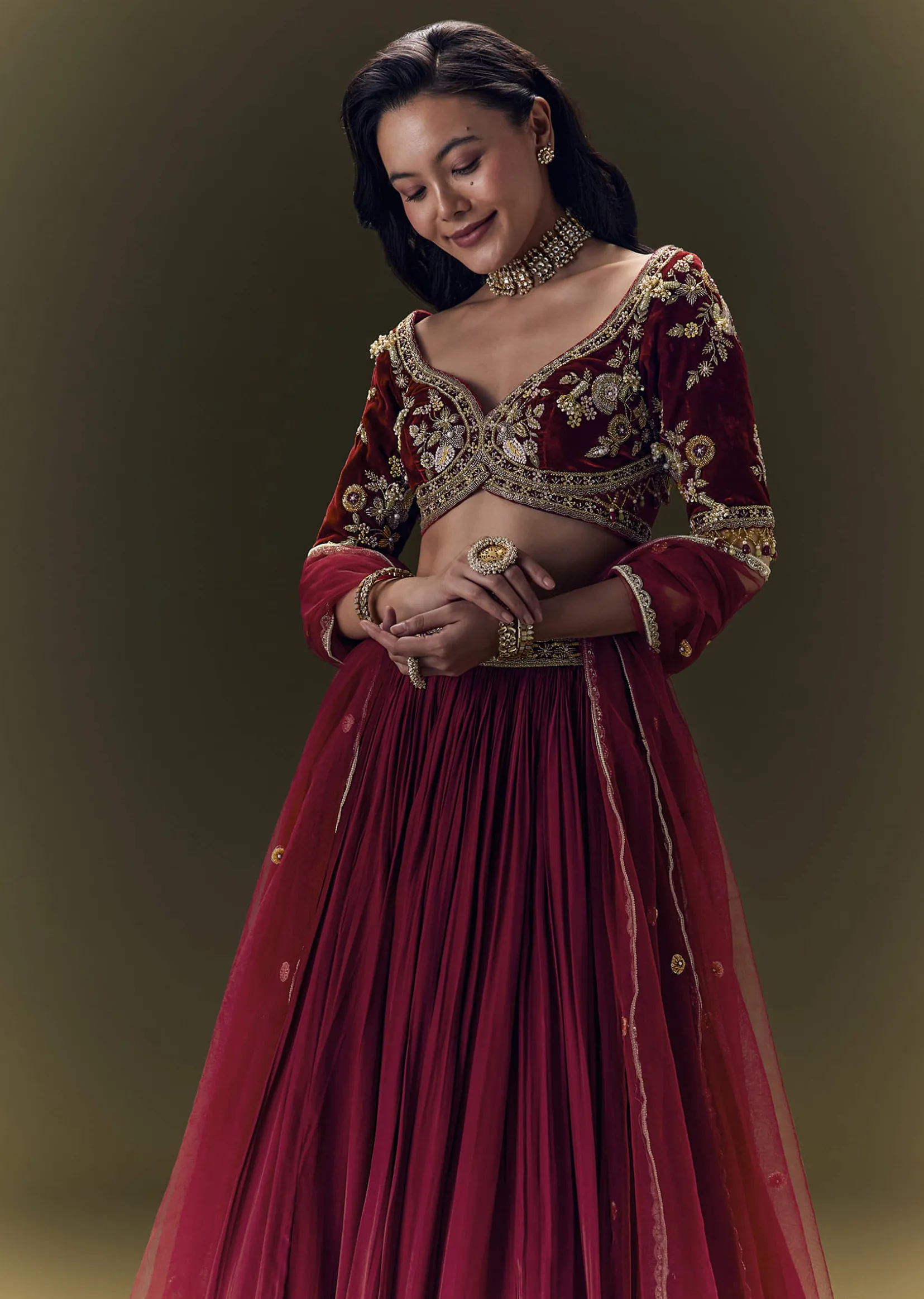 Maroon Crepe Velvet Lehenga Set With Cross Body Blouse