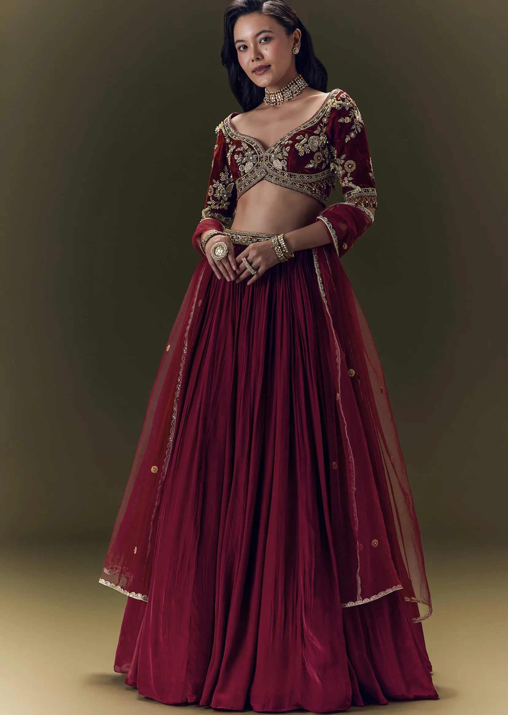 Maroon Crepe Velvet Lehenga Set With Cross Body Blouse