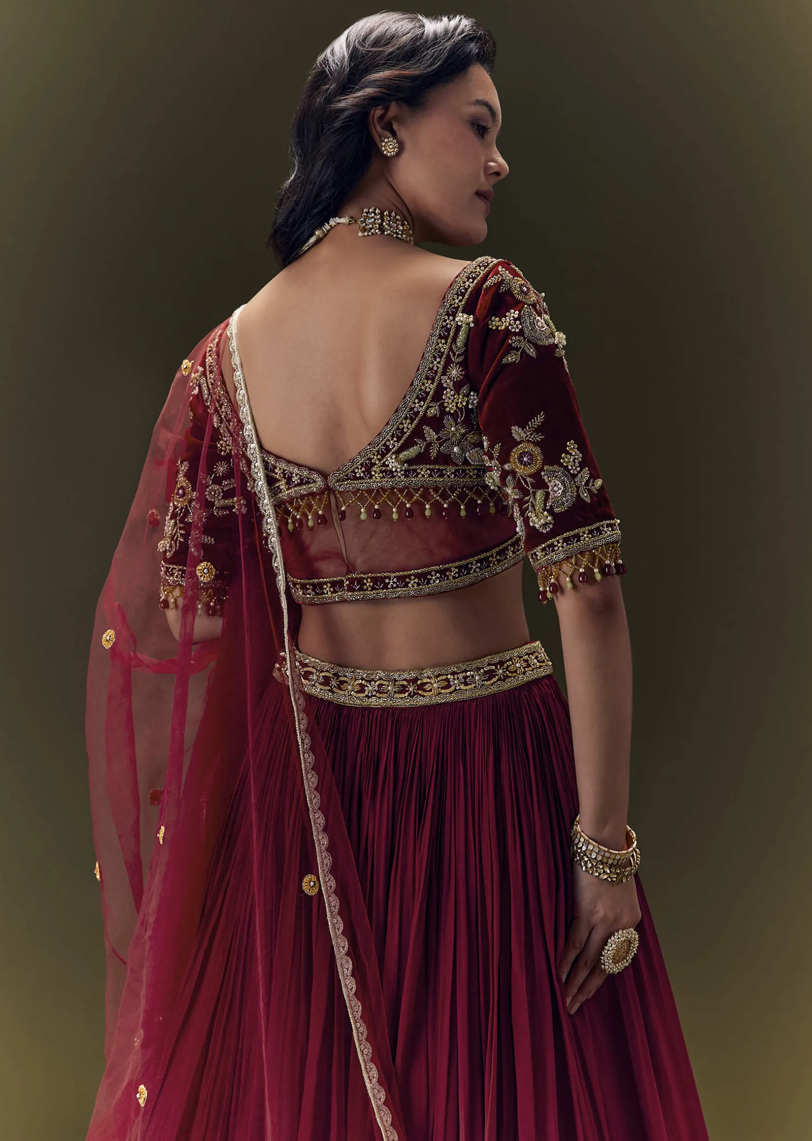 Maroon Crepe Velvet Lehenga Set With Cross Body Blouse