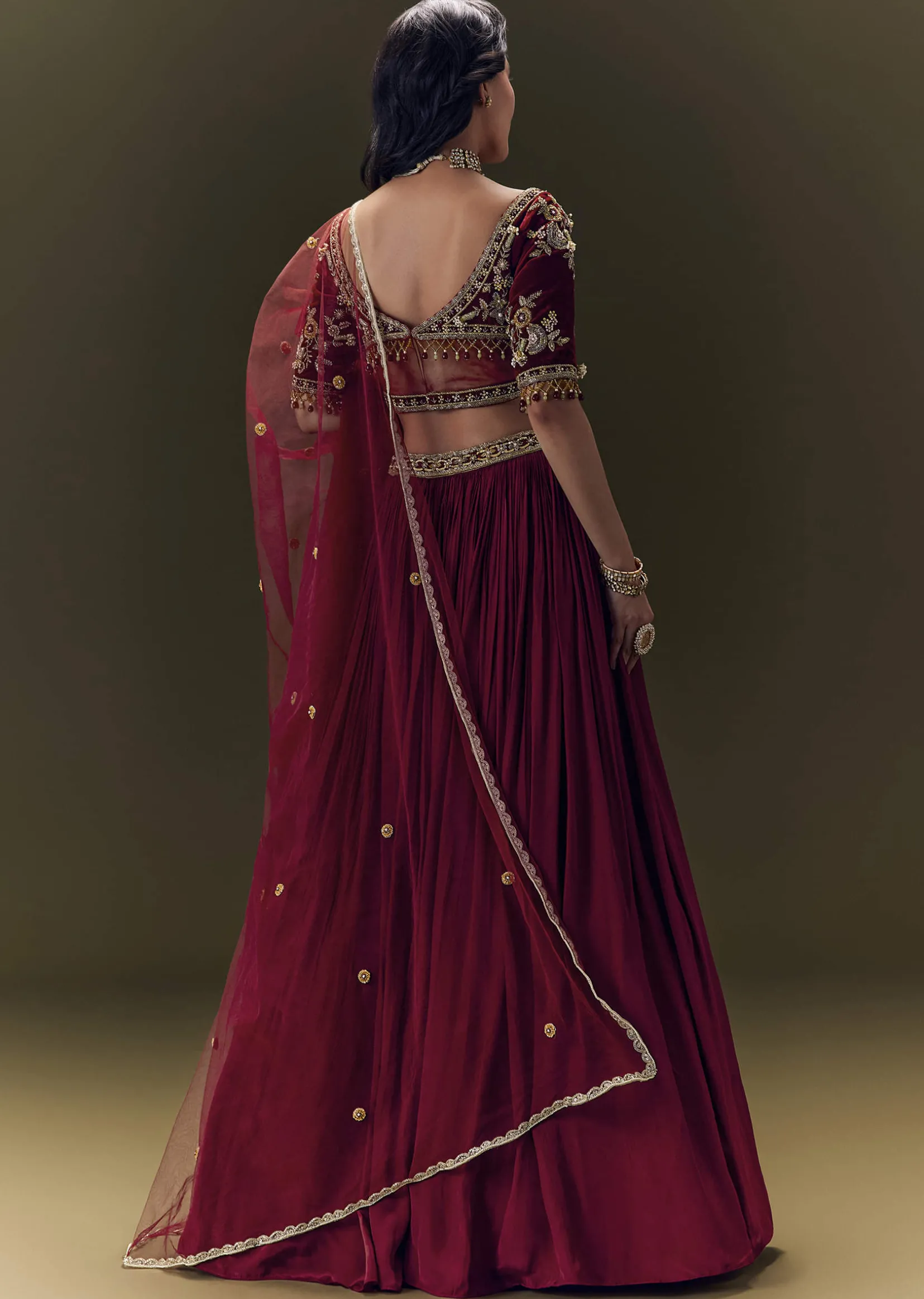 Maroon Crepe Velvet Lehenga Set With Cross Body Blouse