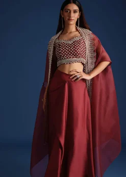 Maroon Cutdana Work Jacket with Draped Skirt and Crop Top