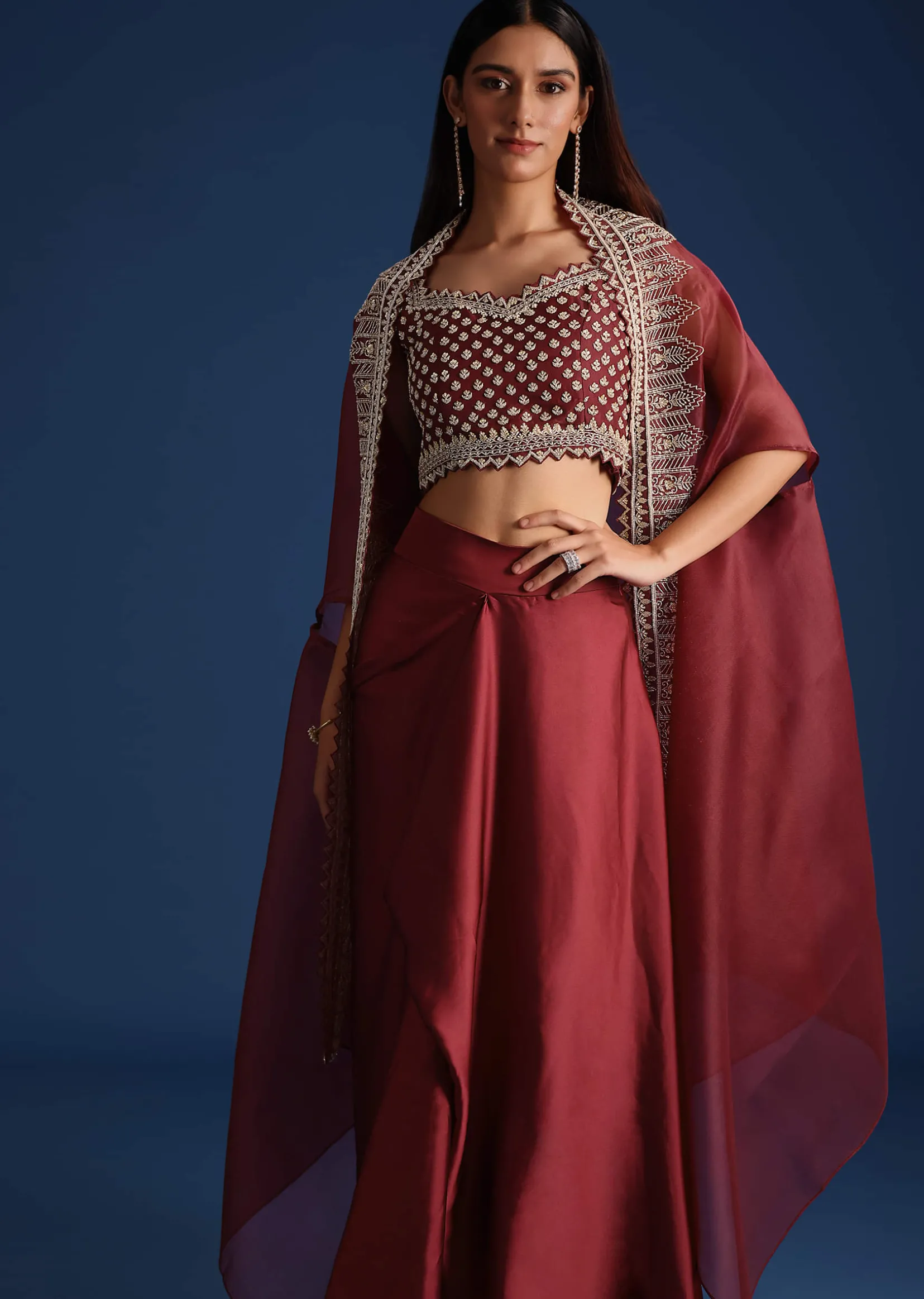 Maroon Cutdana Work Jacket with Draped Skirt and Crop Top