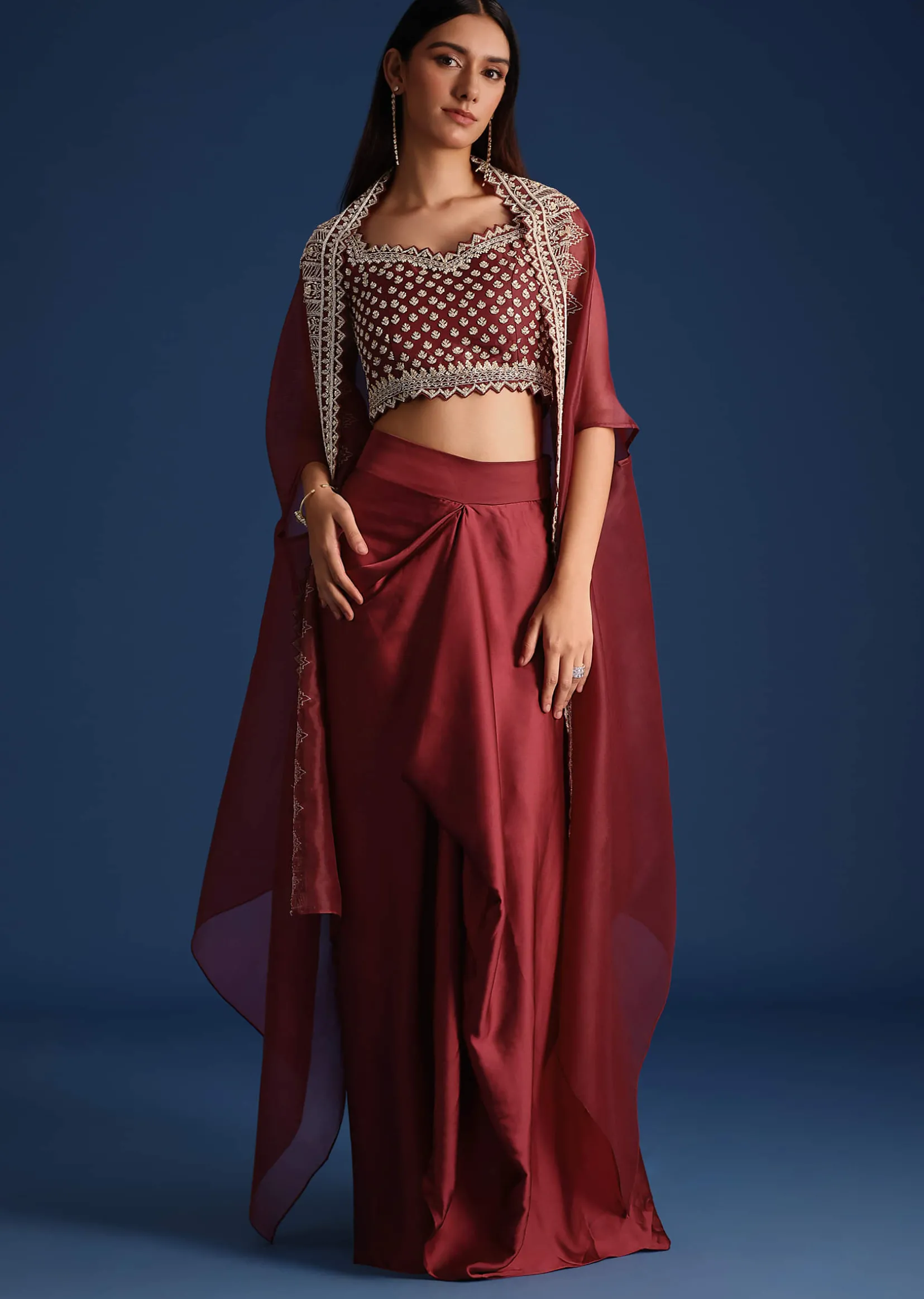 Maroon Cutdana Work Jacket with Draped Skirt and Crop Top